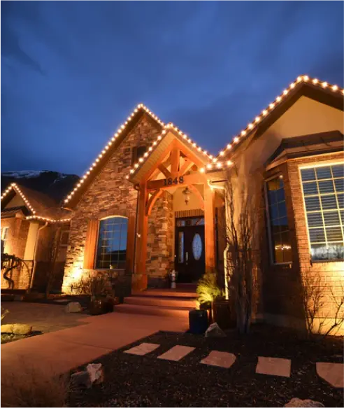 A house with seasonal Christmas lights.